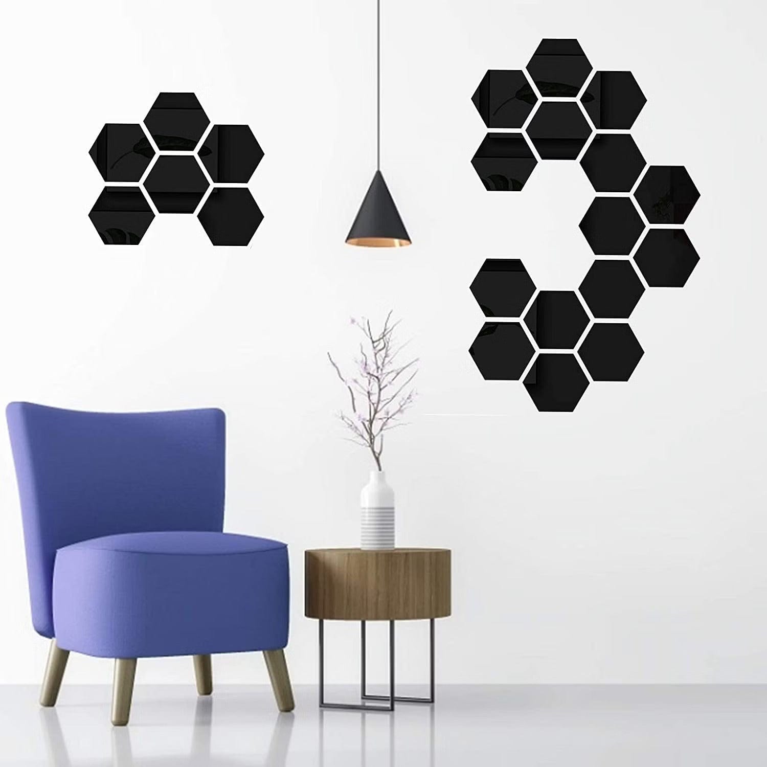 Decoratiune perete, Set 5 buc, hexagon, acrilic, plexiglas, negru lucios, 3mm grosime, 20 cm